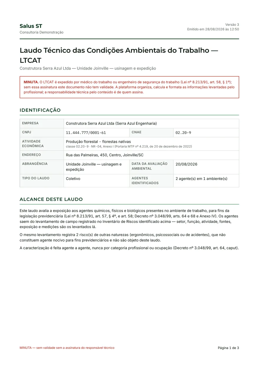 Primeira página de um Laudo Técnico das Condições Ambientais do Trabalho emitido pela plataforma, com dados fictícios