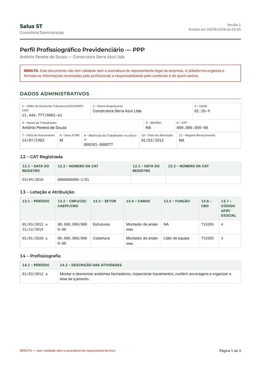 Primeira página de um Perfil Profissiográfico Previdenciário emitido pela plataforma, com dados fictícios